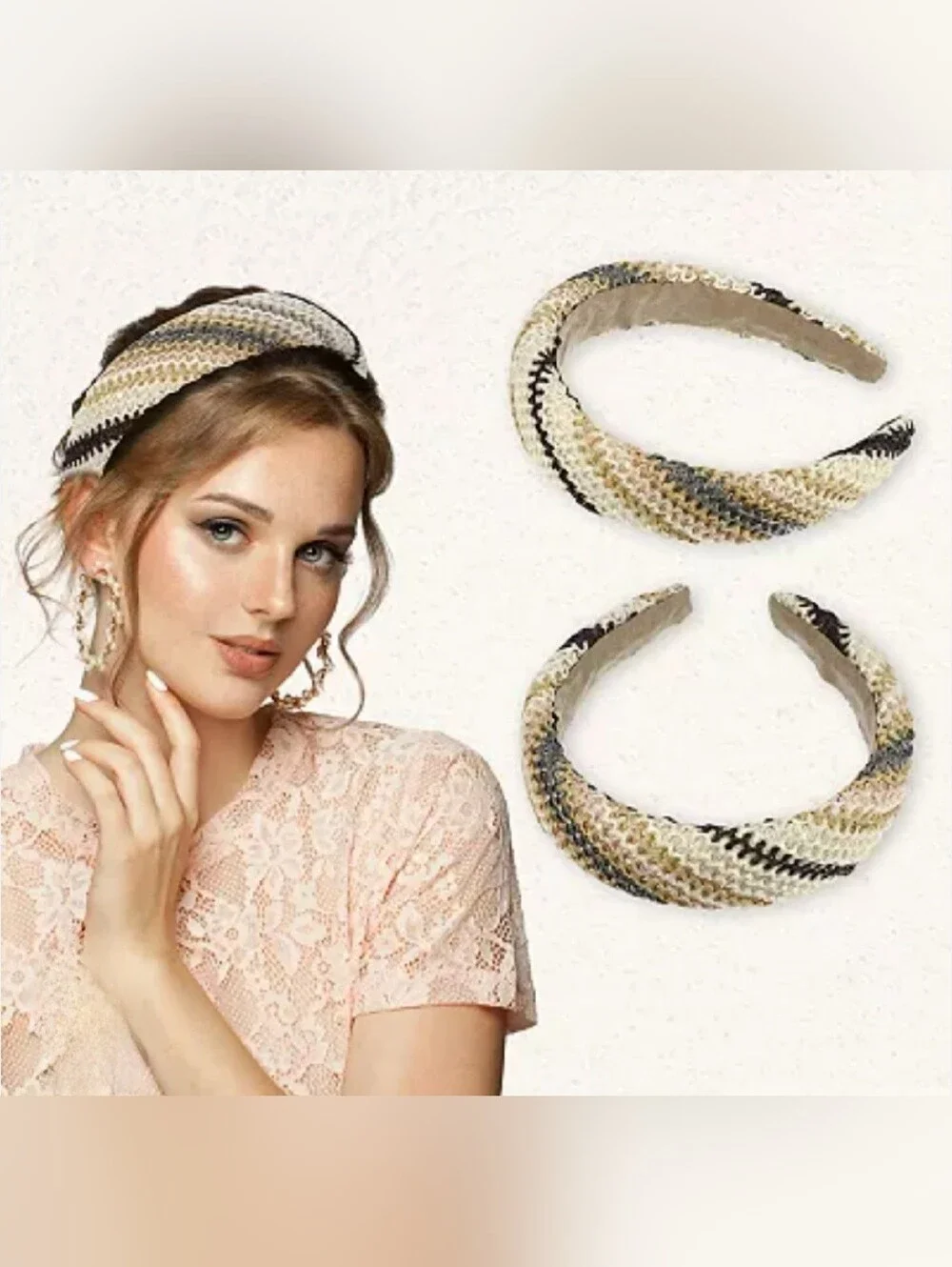 Raffia Woven Neutral Black Tan Cream Multicolor Headband